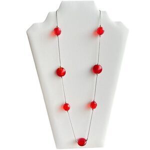 RED AND SILVER BEADED OPERA NECKLACE 26 in‎ + 2.5 in ext